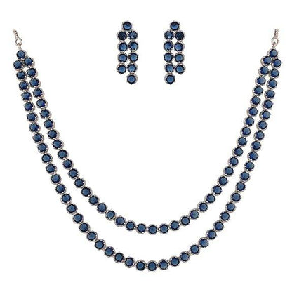 Cubic Zirconia Dual Strand Necklace Jewellery Set With Dangler Earrrings For Women/Girls (Blue) - Rajputtrade
