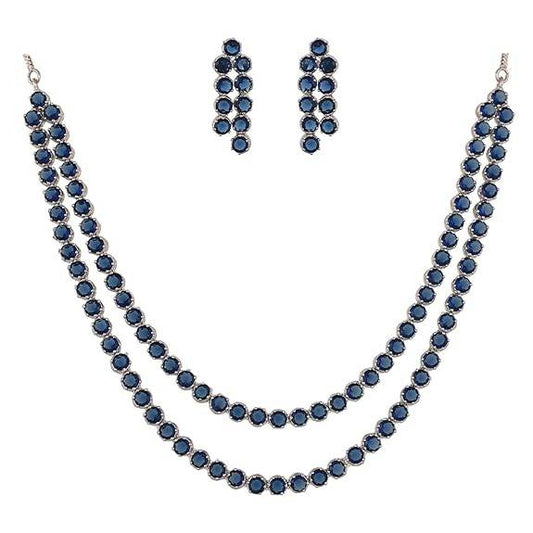 Cubic Zirconia Dual Strand Necklace Jewellery Set With Dangler Earrrings For Women/Girls (Blue) - Rajputtrade