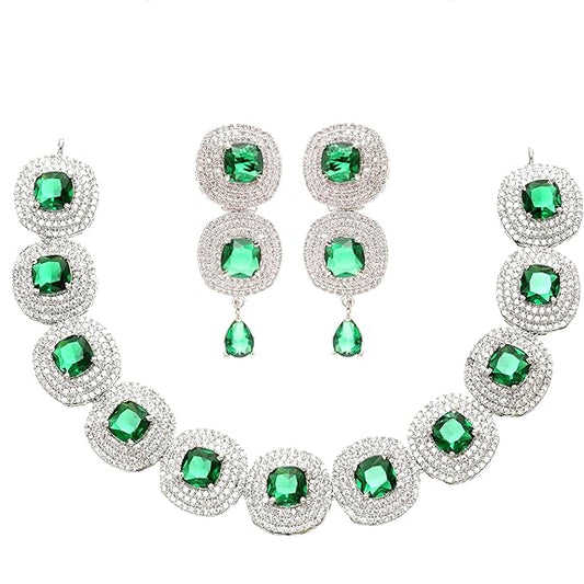 Silver Toned Triangular Shaped American Diamond Studded Jewellery Set For Women and Girl (Green) - Rajputtrade