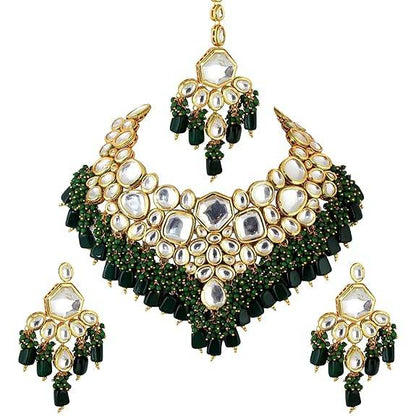 Back Meenakari 18k Gold Plated Green Color Tika Earring Combo Uncut Big Faux Kundan Choker Necklace Set - Rajputtrade