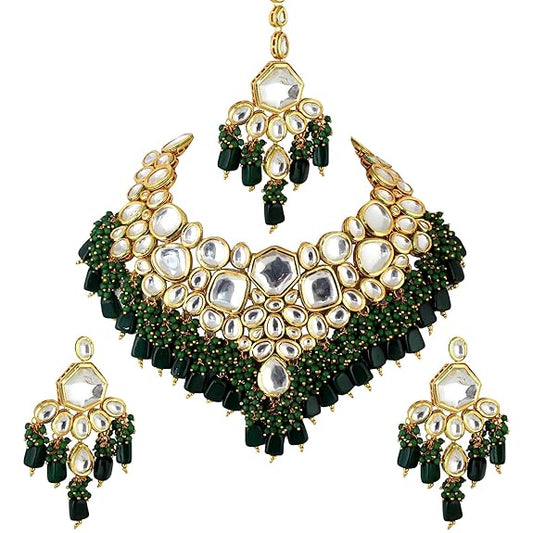 Back Meenakari 18k Gold Plated Green Color Tika Earring Combo Uncut Big Faux Kundan Choker Necklace Set