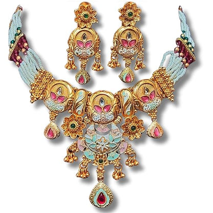 Rajwadi Floral Design Chokor Motimala Jewellery for Girls pink and green - Rajputtrade