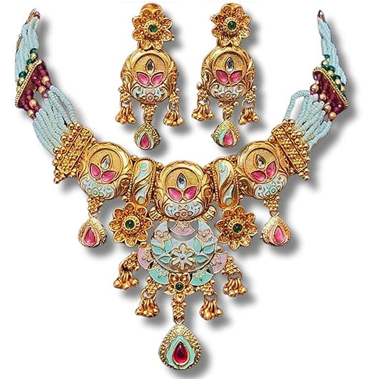 Rajwadi Floral Design Chokor Motimala Jewellery for Girls pink and green - Rajputtrade
