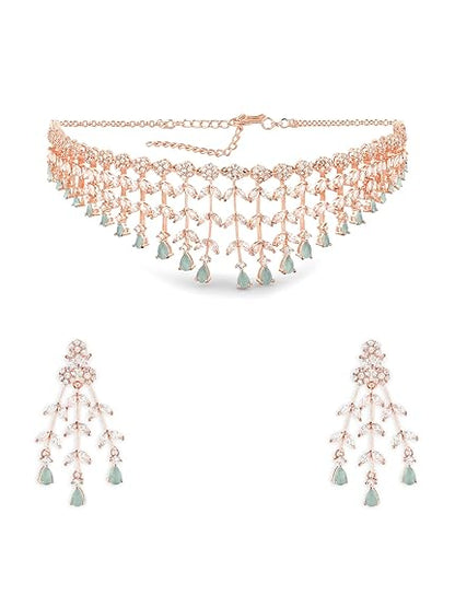 Mint Green Dazzling Cubic Zirconia Designer Brass Necklace Earring Set For Women - Rajputtrade