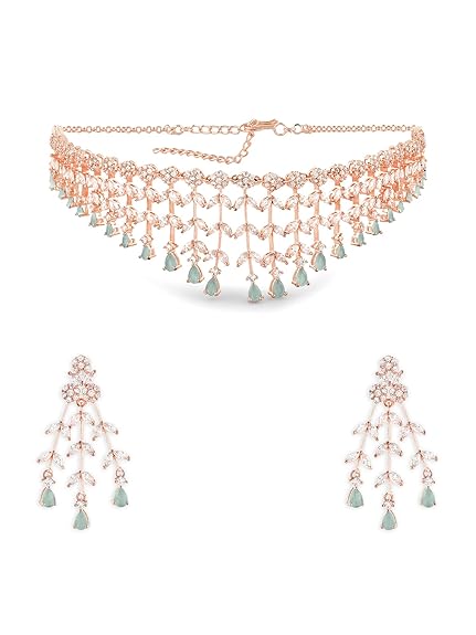 Mint Green Dazzling Cubic Zirconia Designer Brass Necklace Earring Set For Women - Rajputtrade