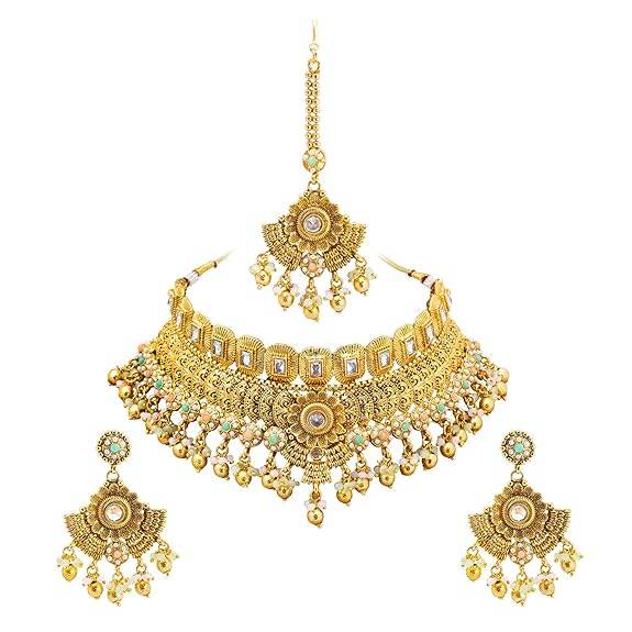 Gold Plated Matte Forming One Gram Gold Haram Traditional Kundan, Choker Jewellery/Jewelry Necklace Set For Women - Rajputtrade