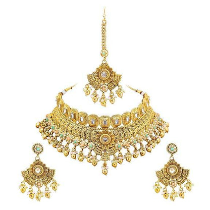 Gold Plated Matte Forming One Gram Gold Haram Traditional Kundan, Choker Jewellery/Jewelry Necklace Set For Women - Rajputtrade