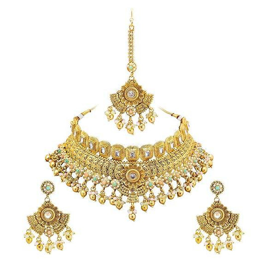 Gold Plated Matte Forming One Gram Gold Haram Traditional Kundan, Choker Jewellery/Jewelry Necklace Set For Women - Rajputtrade