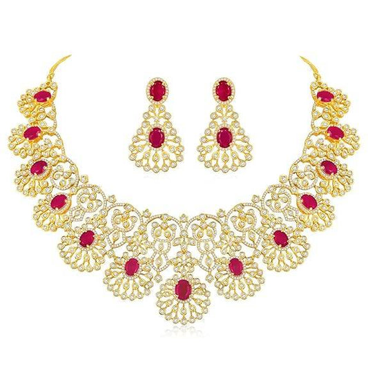 Gold Plated Cubic Zirconia & Red Crystal Studded Floral Necklace & Dangle Earring - Rajputtrade