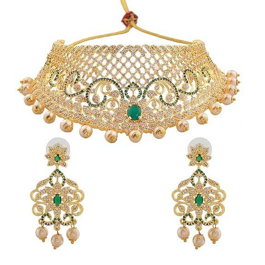 Gold Plated CZ Grand & Gorgeous Bridal Choker Set With Pearls & Crystals for Women - Rajputtrade