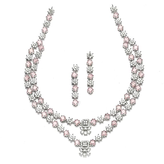 Necklace With Earrings Jewellery Set For Girls and Women (Pink) - Rajputtrade