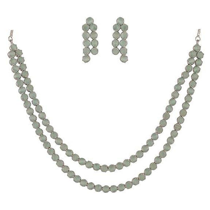 Cubic Zirconia Dual Strand Necklace Jewellery Set With Dangler Earrrings For Women/Girls (Mint Green) - Rajputtrade