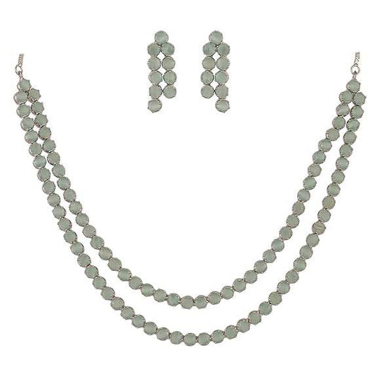 Cubic Zirconia Dual Strand Necklace Jewellery Set With Dangler Earrrings For Women/Girls (Mint Green) - Rajputtrade