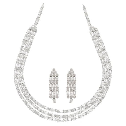 Studded Layered Necklace With Earrings Jewellery Set For Girls and Women (White) - Rajputtrade