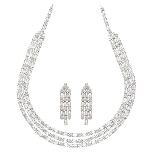 Studded Layered Necklace With Earrings Jewellery Set For Girls and Women (White) - Rajputtrade
