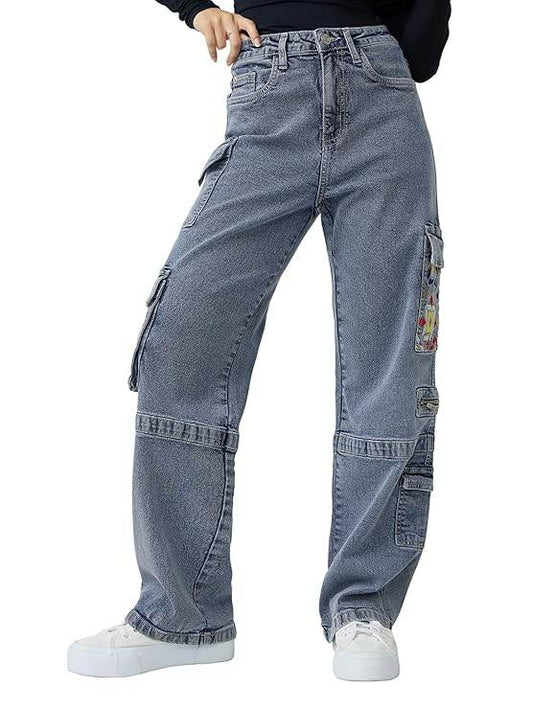 Denim: Light Blue Women and Girls Buttoned Embroidered Cotton Blend Straight Fit Cargo Jeans (Size 26) - Rajputtrade