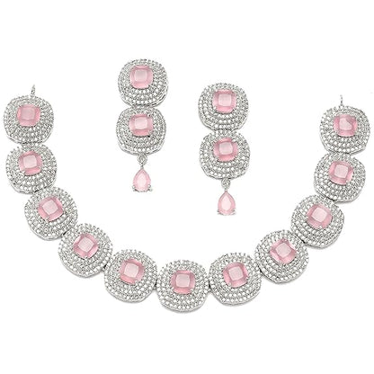 Silver Toned Triangular Shaped American Diamond Studded Jewellery Set For Women and Girl (Pink) - Rajputtrade