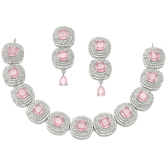 Silver Toned Triangular Shaped American Diamond Studded Jewellery Set For Women and Girl (Pink) - Rajputtrade