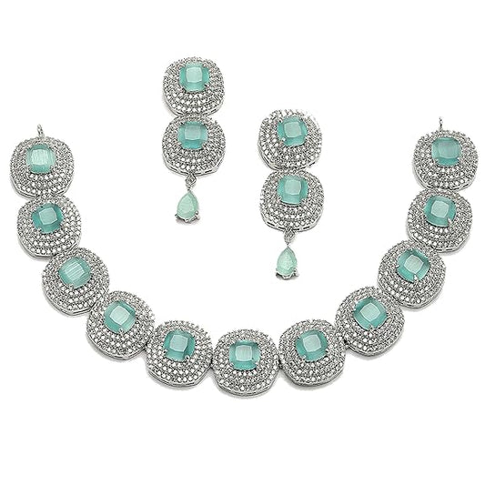 Silver Toned Triangular Shaped American Diamond Studded Jewellery Set For Women and Girl (Sea Green) - Rajputtrade