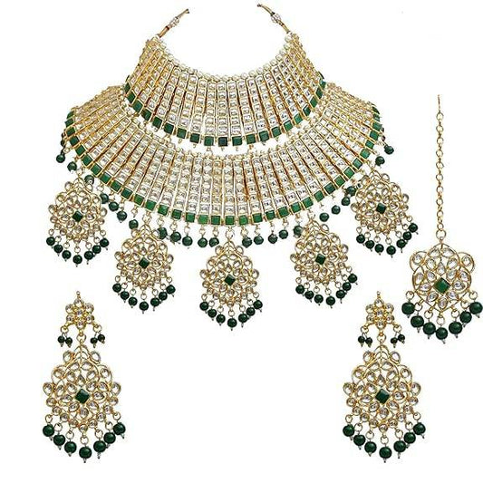 Green Gold Plated Kundan Bridal Necklace Set for Women (Green) - Rajputtrade