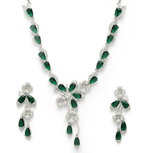 Silver Plated Brass Rhodium Coated Emerald & Necklace With Earring Jewellery Set For Women (Green) - Rajputtrade