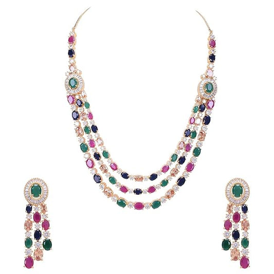 Jewellery Red Green Blue White Multi Layer Necklace Set with Earring for Women/Girls - Rajputtrade