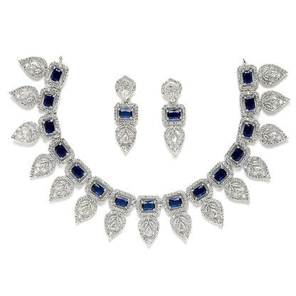 Jewellery Set Leaf Style AD/ Gold Plated Handcrafted Circle Necklace Set for Women & Girls (Blue) - Rajputtrade