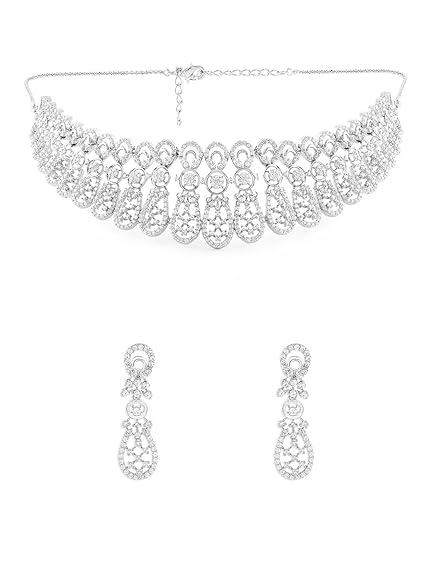 Silver Tone Dazzling Cubic Zirconia Brass Choker Necklace and Earring Set For Women - Rajputtrade