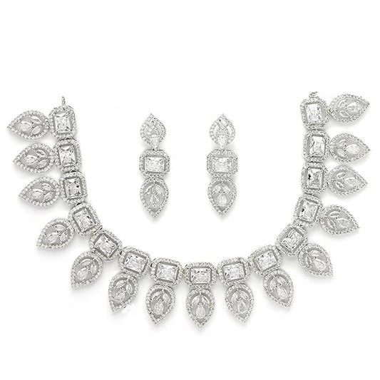 Jewellery Set Leaf Style AD/ Rose Gold Plated Handcrafted Circle Necklace Set for Women & Girls (Silver White) - Rajputtrade