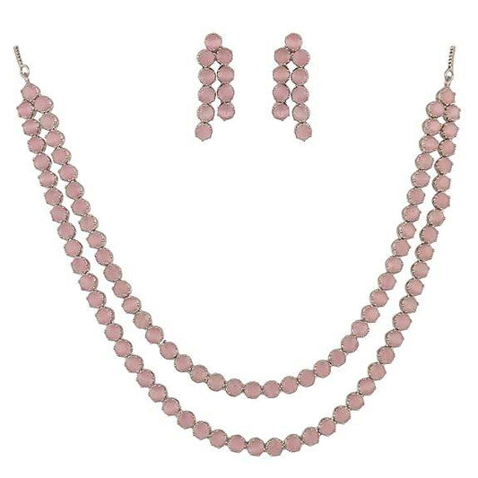 Cubic Zirconia Dual Strand Necklace Jewellery Set With Dangler Earrrings For Women/Girls (Pink) - Rajputtrade