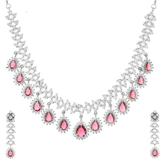 Dazzling Red American Diamond Necklace Set For Women - Rajputtrade