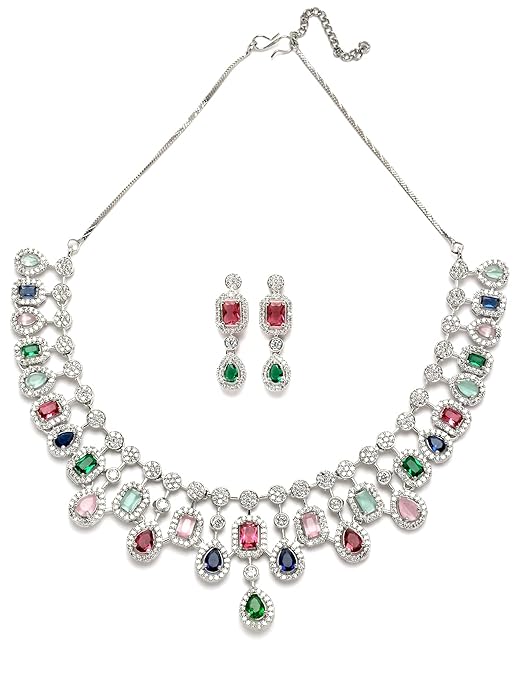 Silver Toned American Diamond Studded Jewellery Set for Women (Multicolor) - Rajputtrade