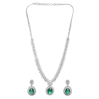 Women's Rhodium Plated Premium White & Emerald Solitaire Zircons Pendant Necklace Set - Rajputtrade