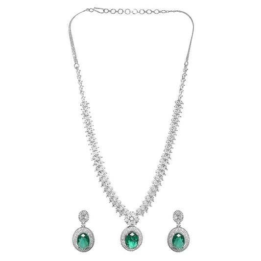 Women's Rhodium Plated Premium White & Emerald Solitaire Zircons Pendant Necklace Set - Rajputtrade