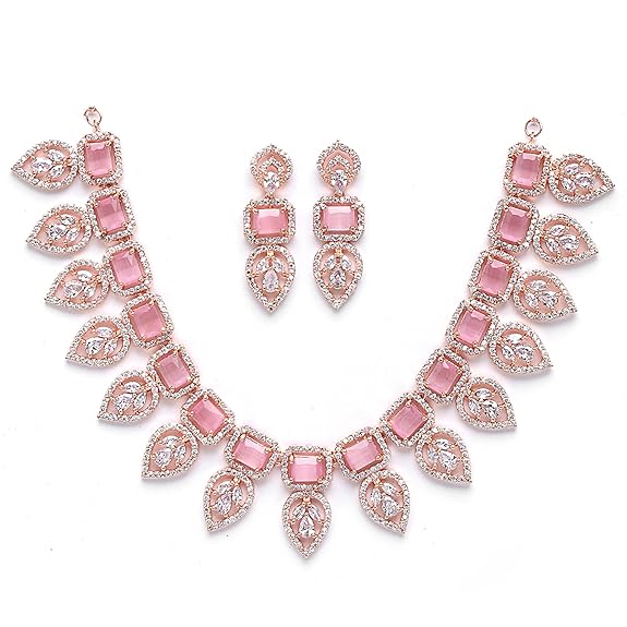 Rose Gold Plated Handcrafted Circle Necklace Set for Women & Girls (Pink Rose) - Rajputtrade