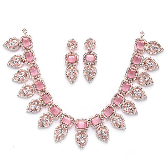 Rose Gold Plated Handcrafted Circle Necklace Set for Women & Girls (Pink Rose) - Rajputtrade