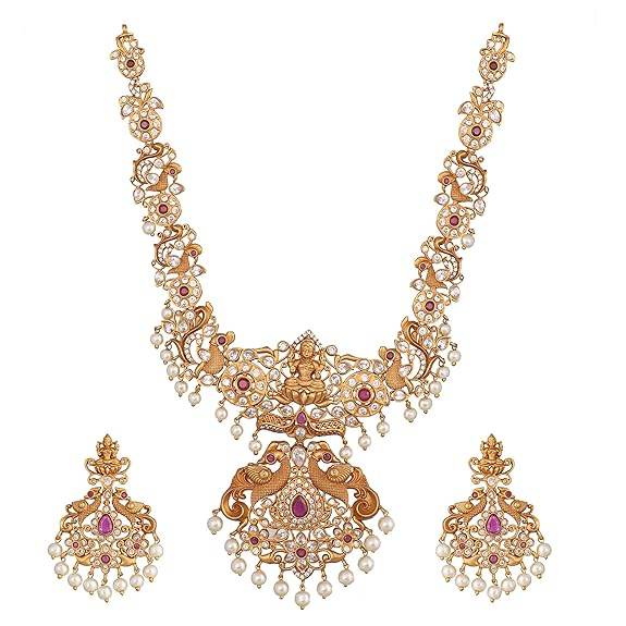 Gold Plated Jaya Long Necklace Set with Lakshmi Idol & Peacock Design - Jewelry Set (White Red) - Rajputtrade