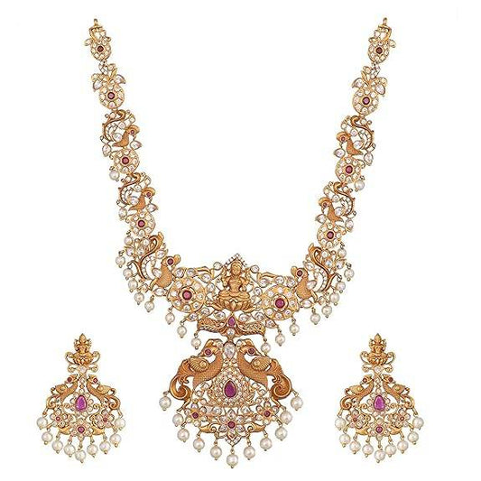Gold Plated Jaya Long Necklace Set with Lakshmi Idol & Peacock Design - Jewelry Set (White Red) - Rajputtrade