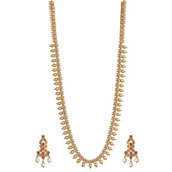 Gold Plated Sunita Long Necklace Set with Floral & Peacock Design - Jewelry Set - Rajputtrade