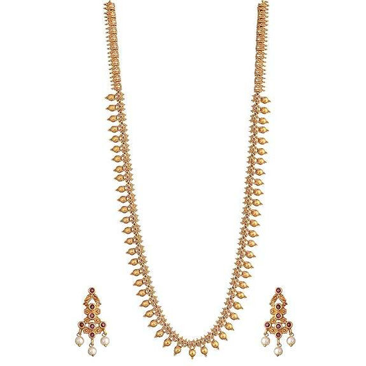 Gold Plated Sunita Long Necklace Set with Floral & Peacock Design - Jewelry Set - Rajputtrade