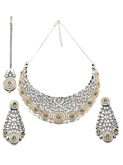 Rose Gold Plated Blue American Diamond Studded Choker Necklace Set for Women (Green) - Rajputtrade