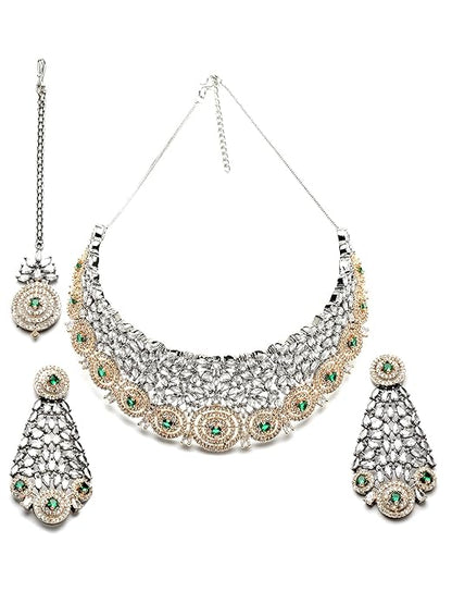 Rose Gold Plated Blue American Diamond Studded Choker Necklace Set for Women (Green) - Rajputtrade
