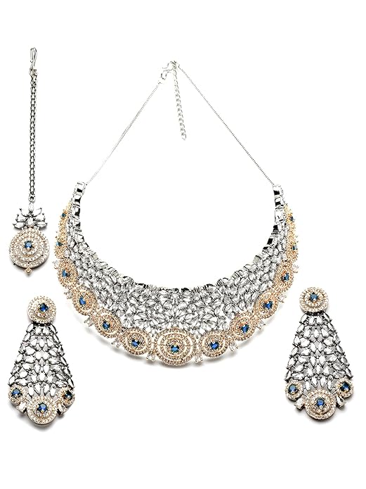 Rose Gold Plated Blue American Diamond Studded Choker Necklace Set for Women (Blue) - Rajputtrade