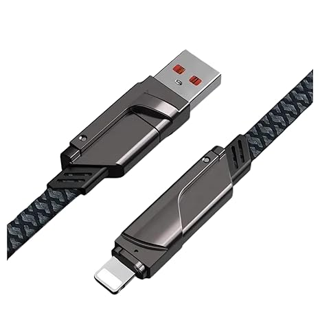 4 in 1 Metal Flat Braided Indestructible Cable 1.2m 60W with Type C, type C to C, type A | iPhones, iPads, Macbooks (Grey)
