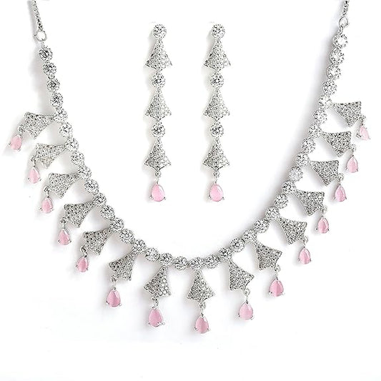 Silver Toned White, Necklace With Earring Jewellery Set For Woment and Girl - Rajputtrade