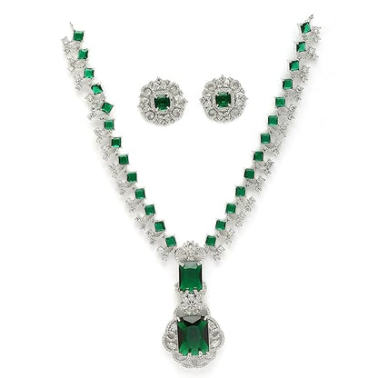Rhodium Plated Silver Toned Brass Royale Celebrity Inspired, Cystal Jewellery Set For Women & Girls (Green) - Rajputtrade