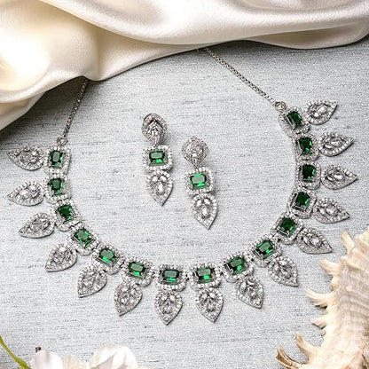Jewellery Set Leaf Style AD/ Gold Plated Handcrafted Circle Necklace Set for Women & Girls (Green) - Rajputtrade