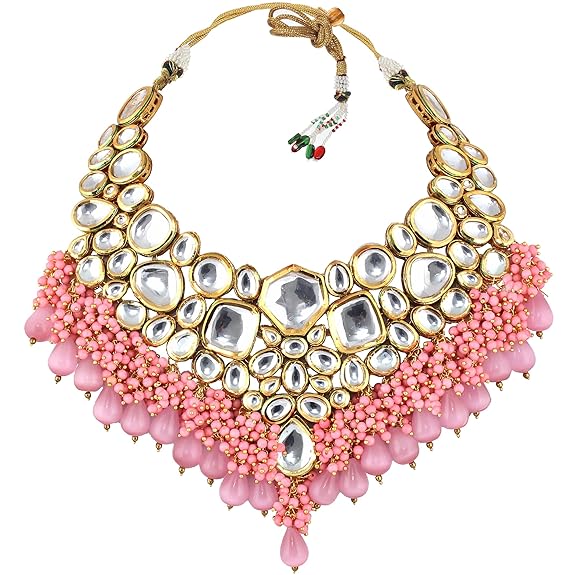 Jewellery 18K Gold Plated Pink Color Kundan Stone, Monalisa Drop Bridal Set for Girls & Women - Rajputtrade