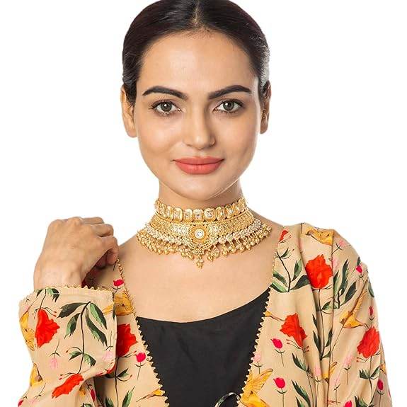 Gold Plated Matte Forming One Gram Gold Haram Traditional Kundan, Choker Jewellery/Jewelry Necklace Set For Women - Rajputtrade