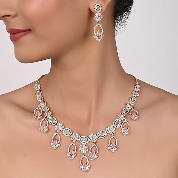 Jewellery Necklace Set with Earring for Women/Girls (Pink) - Rajputtrade